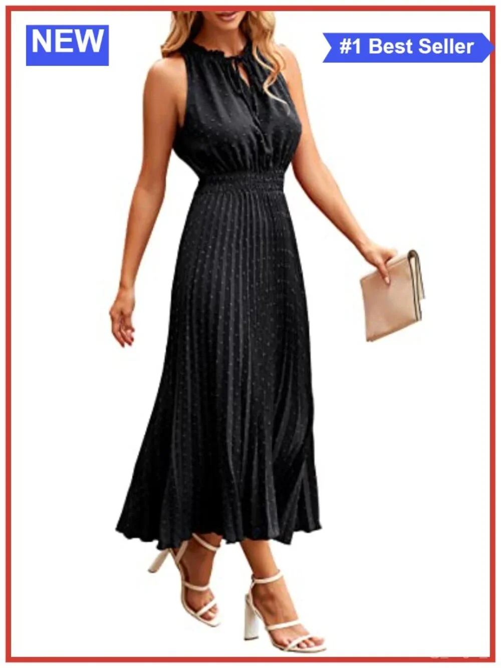 PRETTYGARDEN Sleeveless Swiss Dot Midi Dress V Neck Ruffled